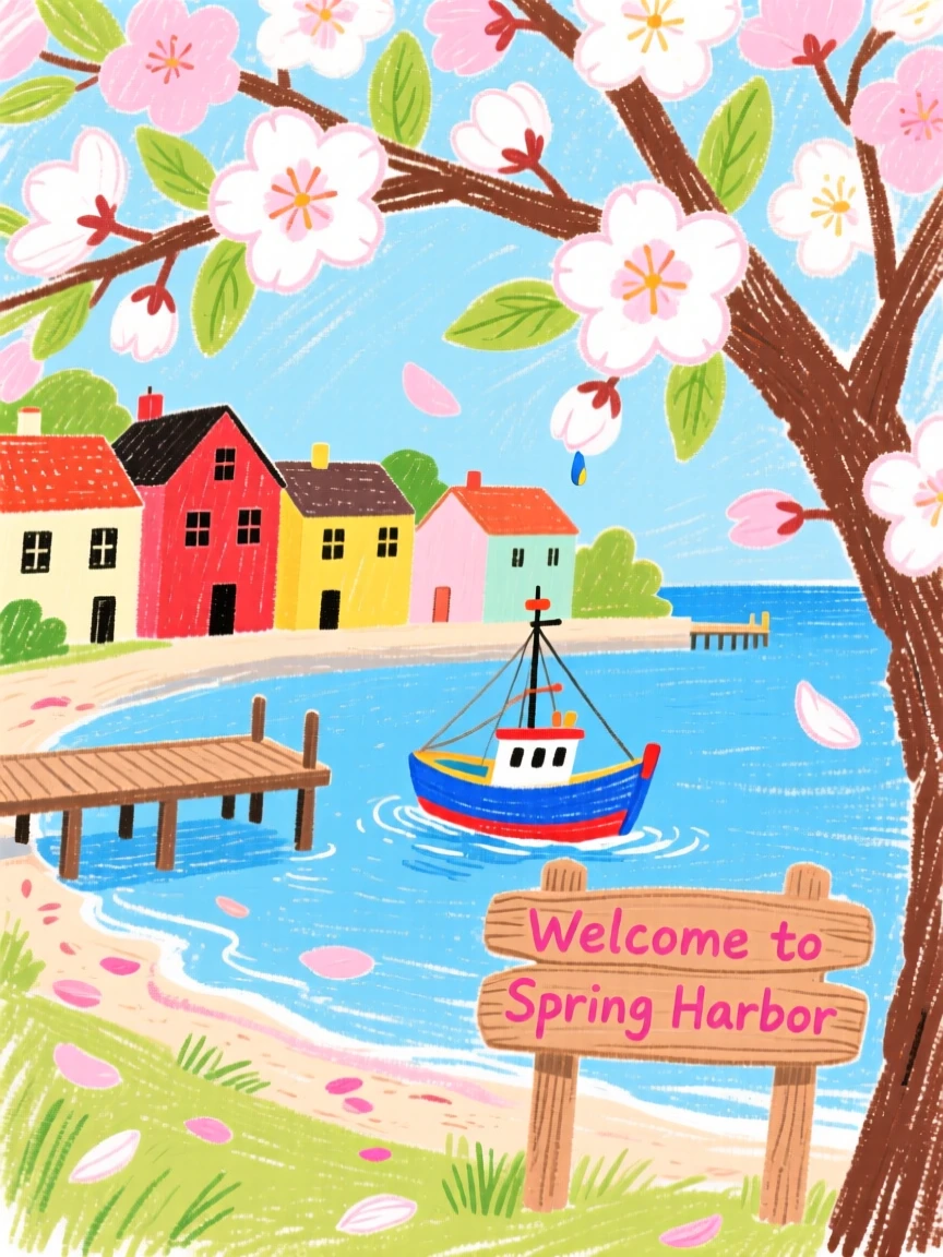 A view of a coastal town framed by blooming cherry trees in spring.