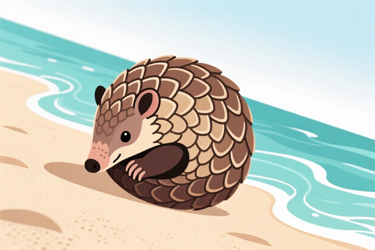 A pangolin curled into a protective ball, positioned along a sandy beach with gentle turquoise waves, captured mid-motion with a dynamic diagonal composition, with a sense of playful curiosity captured perfectly.