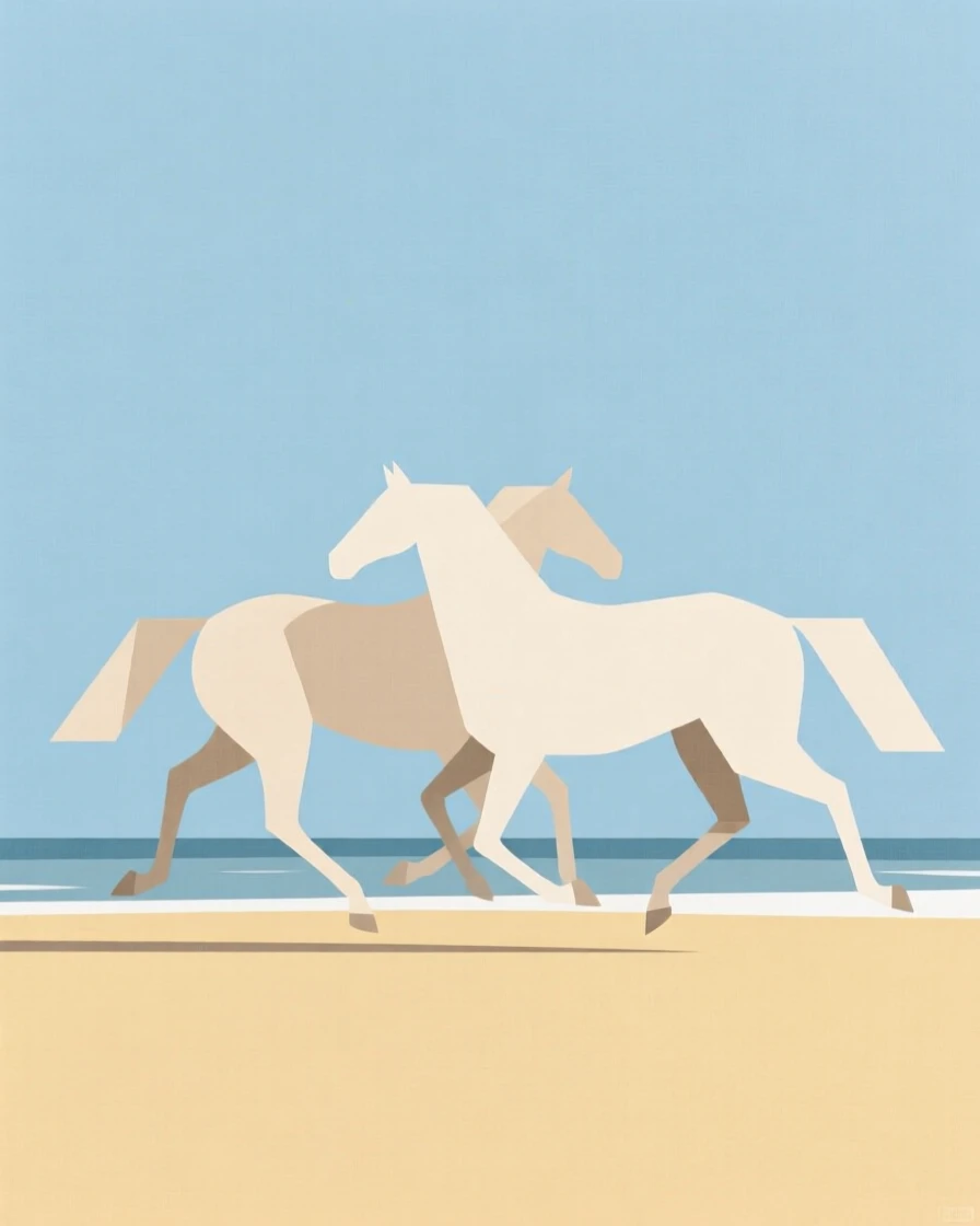 A pair of horses running along a beach