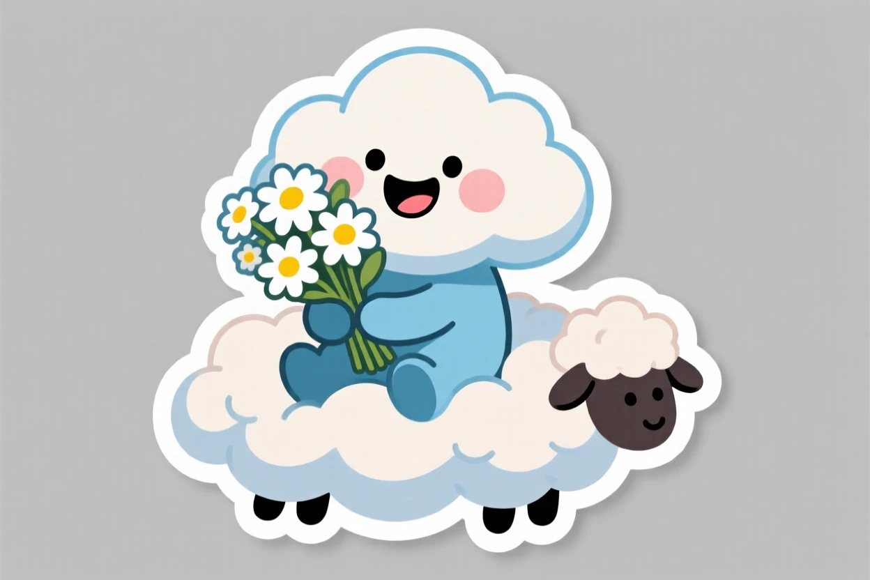 An overjoyed smiling cloud creature holding a bouquet of daisies, on a cloud shaped like a fluffy sheep.