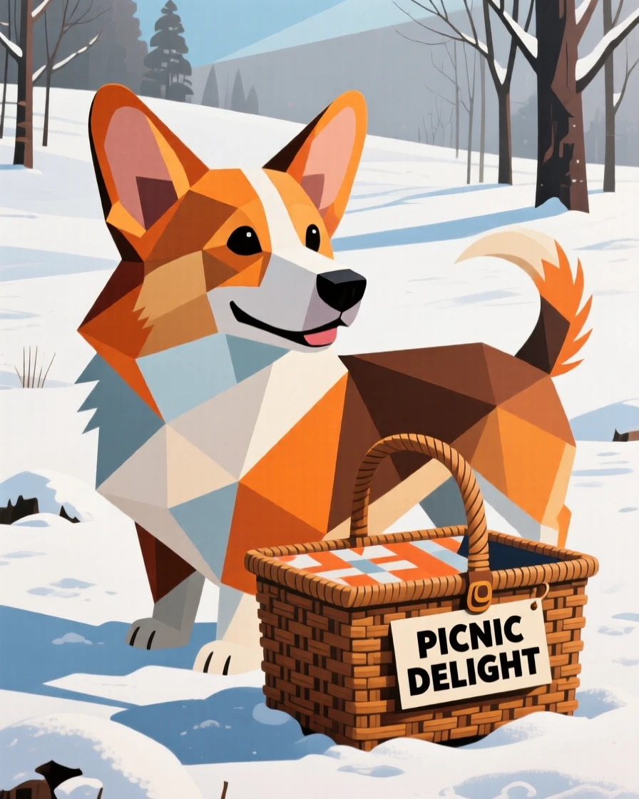 A charming portrait of a playful corgi wagging its tail beside a picnic basket, during a quiet snowy morning.