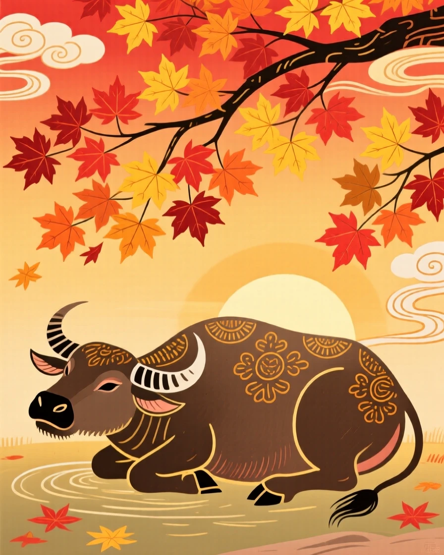 A water buffalo resting beneath a canopy of autumn maple leaves, in the golden hour before sunset.