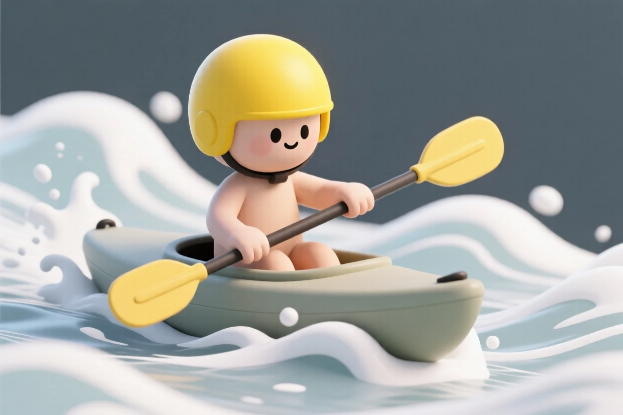 A determined kayaker paddles through churning white-water rapids, spray splashing across a bright yellow helmet.