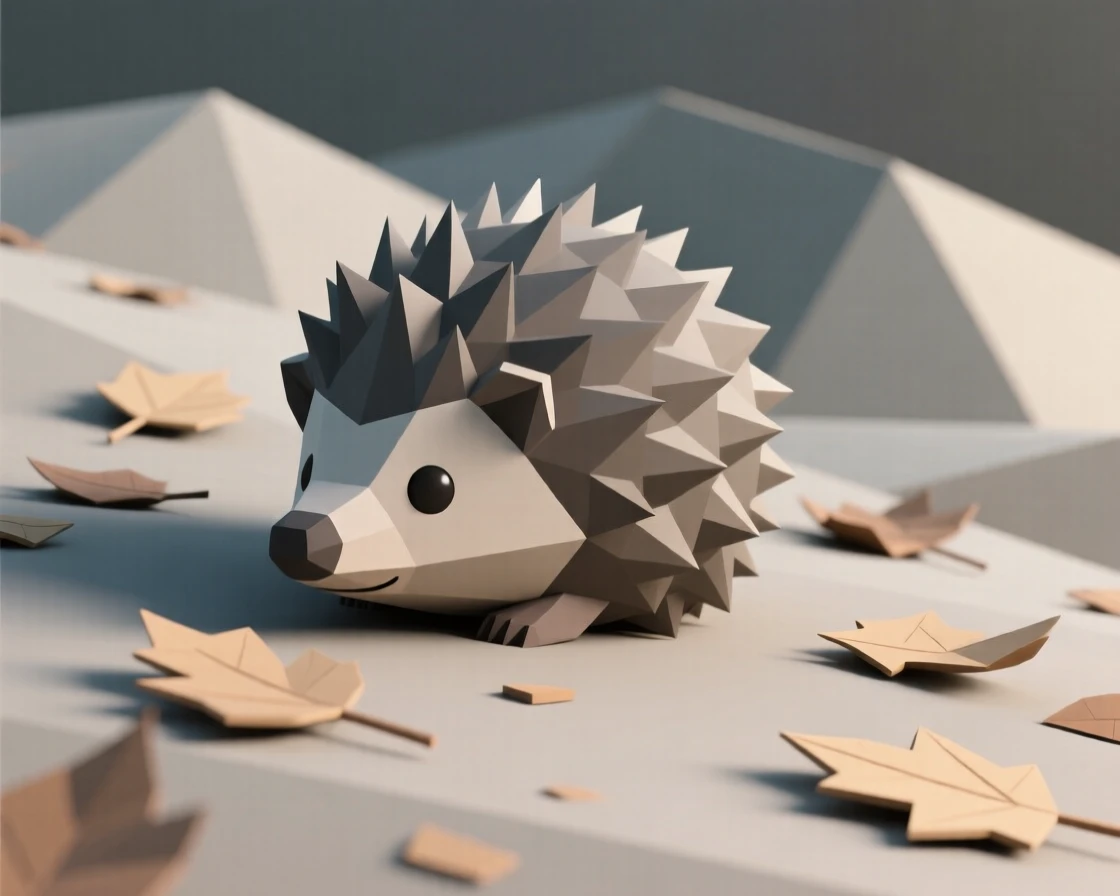 A hedgehog curled among fallen leaves, on a windswept ridge at dusk. the framing draws the eye directly to its gaze. The scene feels calm and majestic.