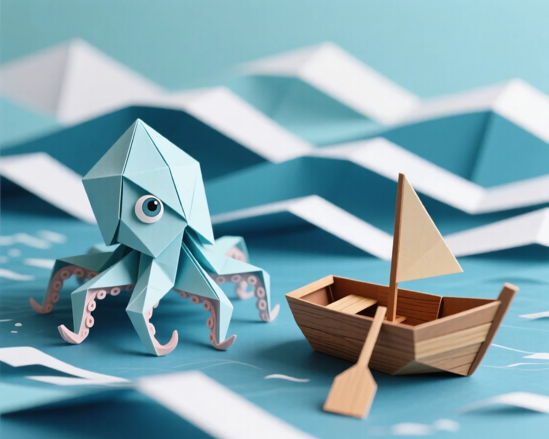 A small kraken peeking one curious eye above ocean waves near a wooden rowboat.