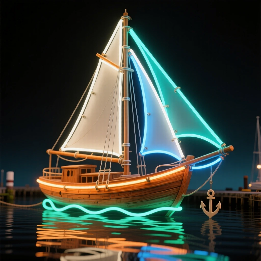 A restored wooden sailboat anchored in a quiet harbor.