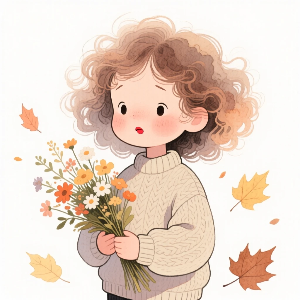 A little girl with voluminous natural curls, biting her lip shyly, wearing a chunky knit sweater and cradling a bouquet of wildflowers, surrounded by autumn leaves