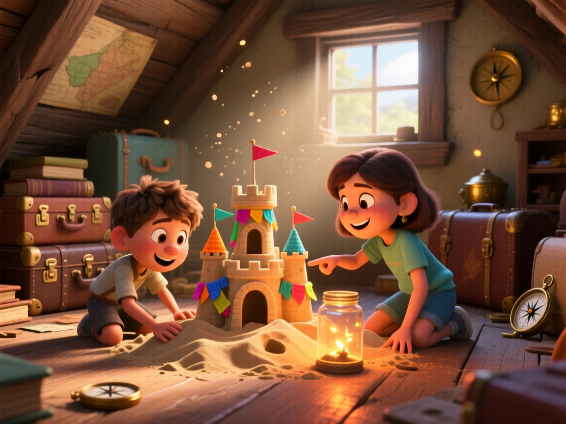 Siblings building an elaborate sandcastle takes place in an attic filled with dusty old trunks, with a jar of fireflies glowing softly. A lighthearted sense of discovery colors the moment.