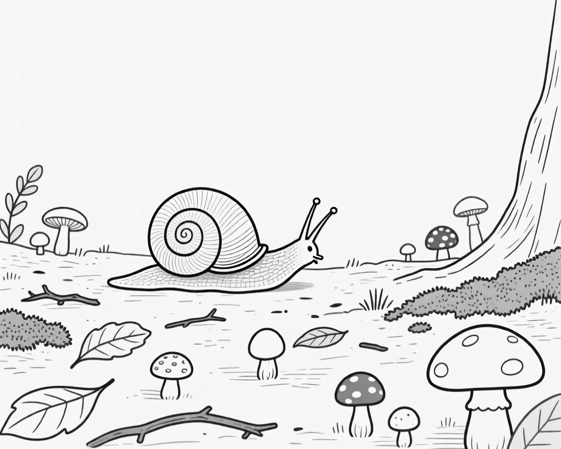 A snail slowly crossing a mushroom-dotted forest floor