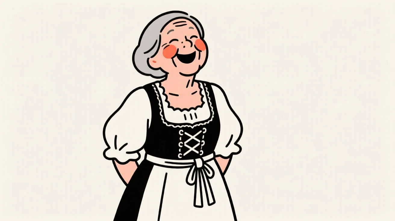 A proud grandmother wearing a Bavarian dirndl, laughing joyfully.