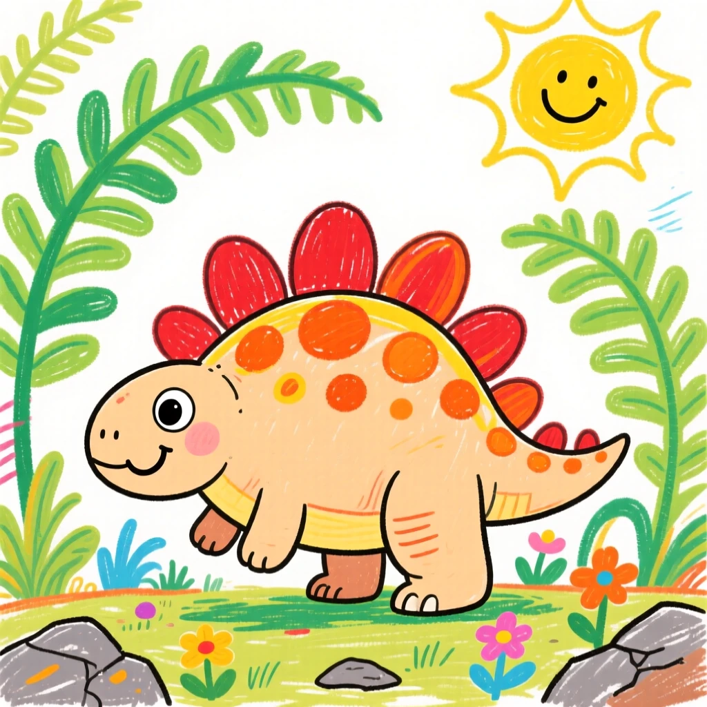 A young stegosaurus with plated armor in a prehistoric jungle filled with giant ferns.
