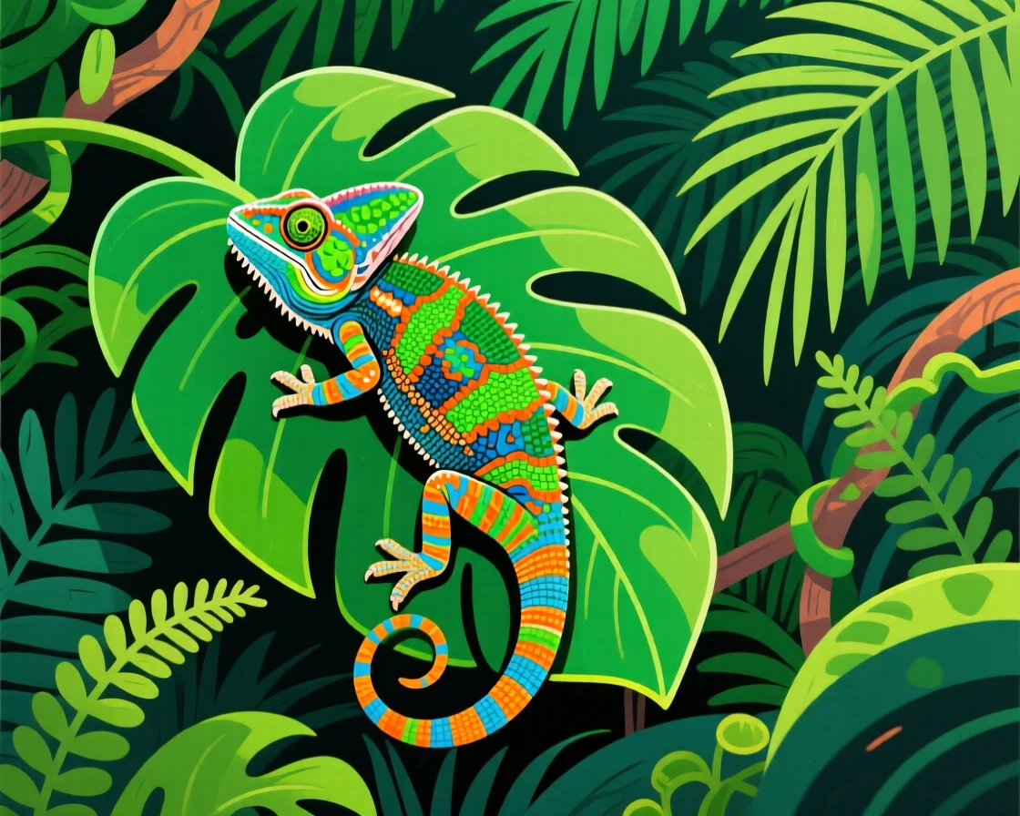 A gecko with vivid patterned skin clinging to a leaf, nestled within a dense jungle alive with greenery, framed from a low angle to feel grand and majestic, with vivid, richly saturated colors that pop.