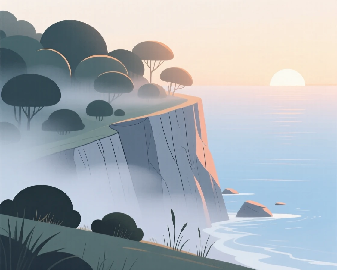 A misty coastal cliff at sunrise with soft light filtering through the dense canopy.