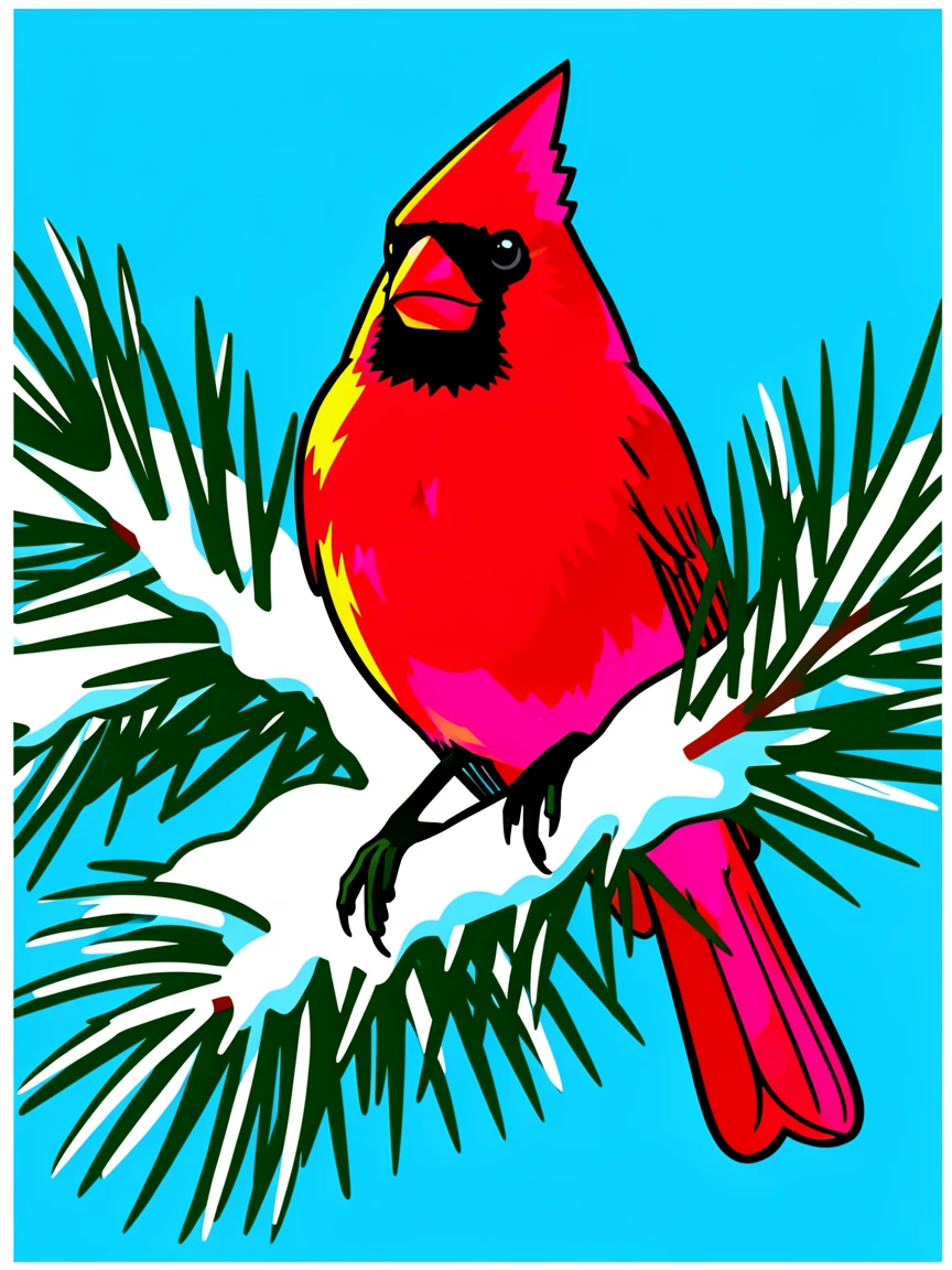 Cardinal perched on a snowy pine branch
