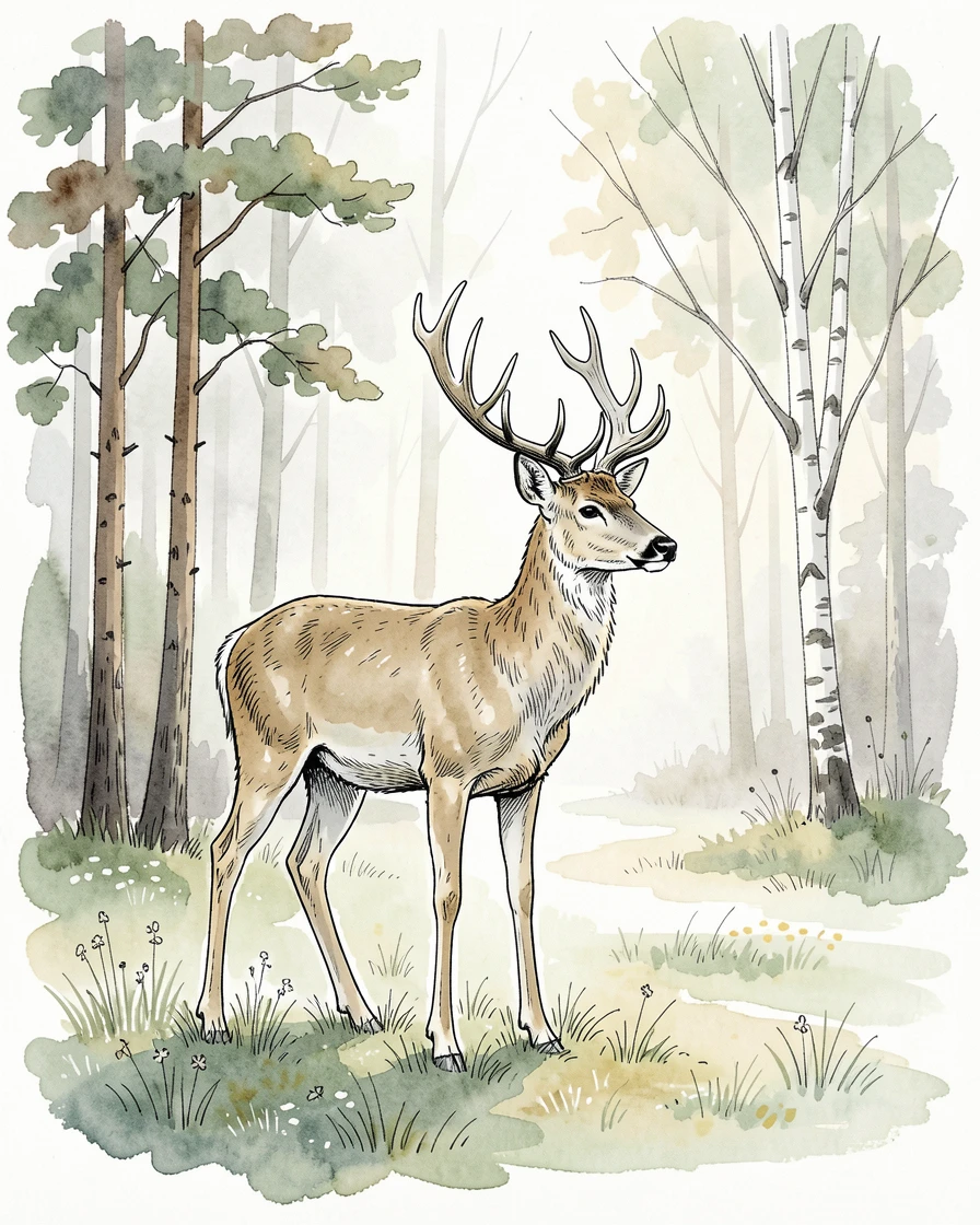 A deer standing at the edge of a misty forest clearing at dawn, ears alert and head raised
