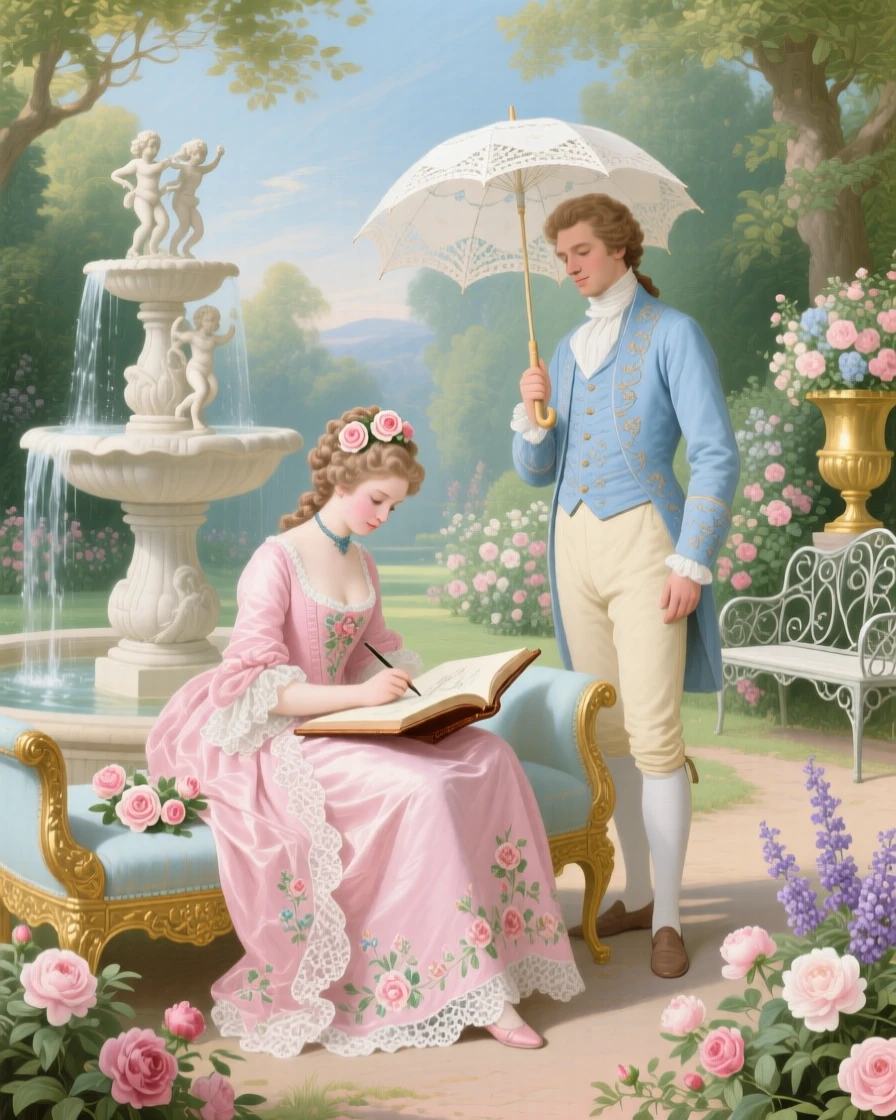 A lady sketching a garden fountain while her companion holds a parasol  