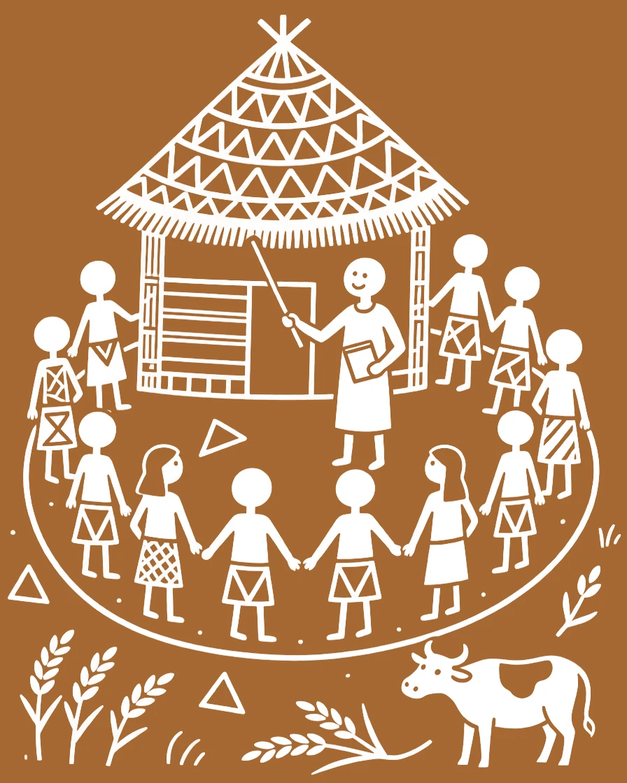 A schoolteacher forming a circle to discuss the harvest near a thatched-roof granary.