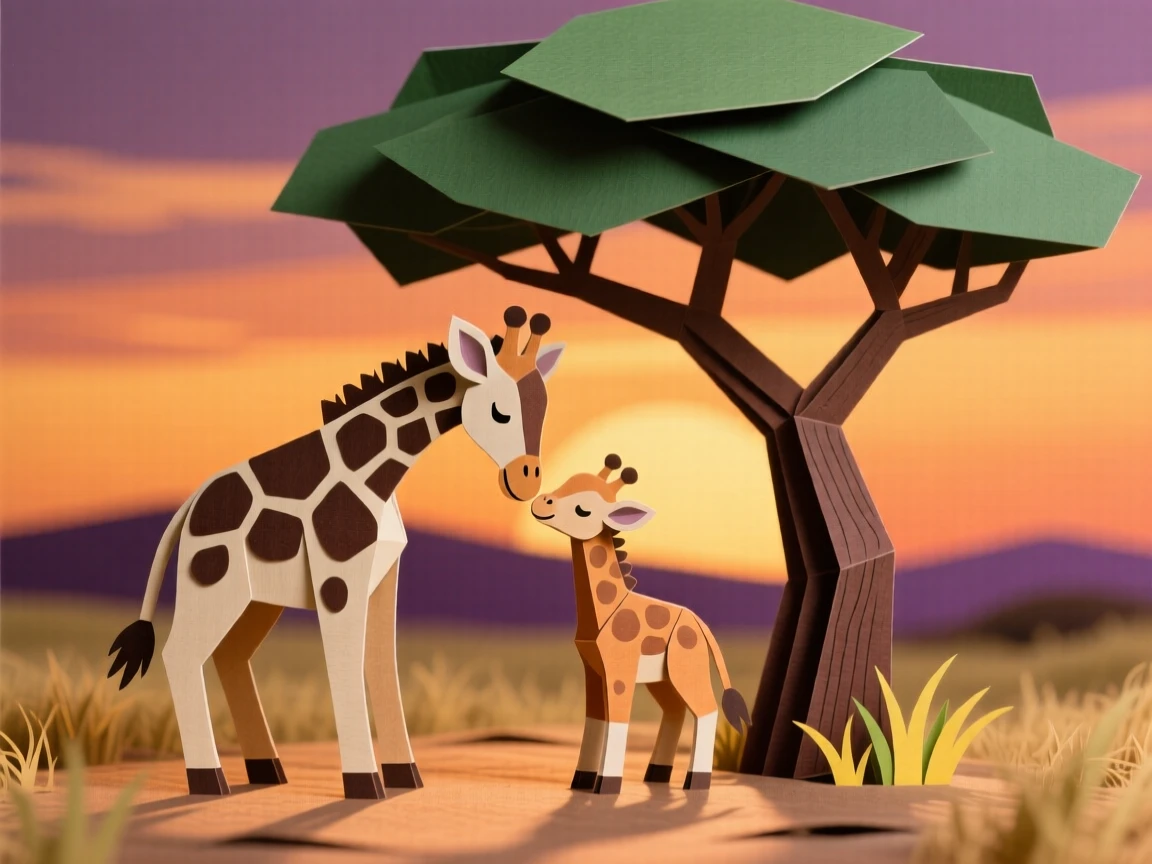 A baby giraffe nuzzling its mother beneath a lone acacia tree at sunset, their long shadows stretching across the savanna, capturing tender family bonds.