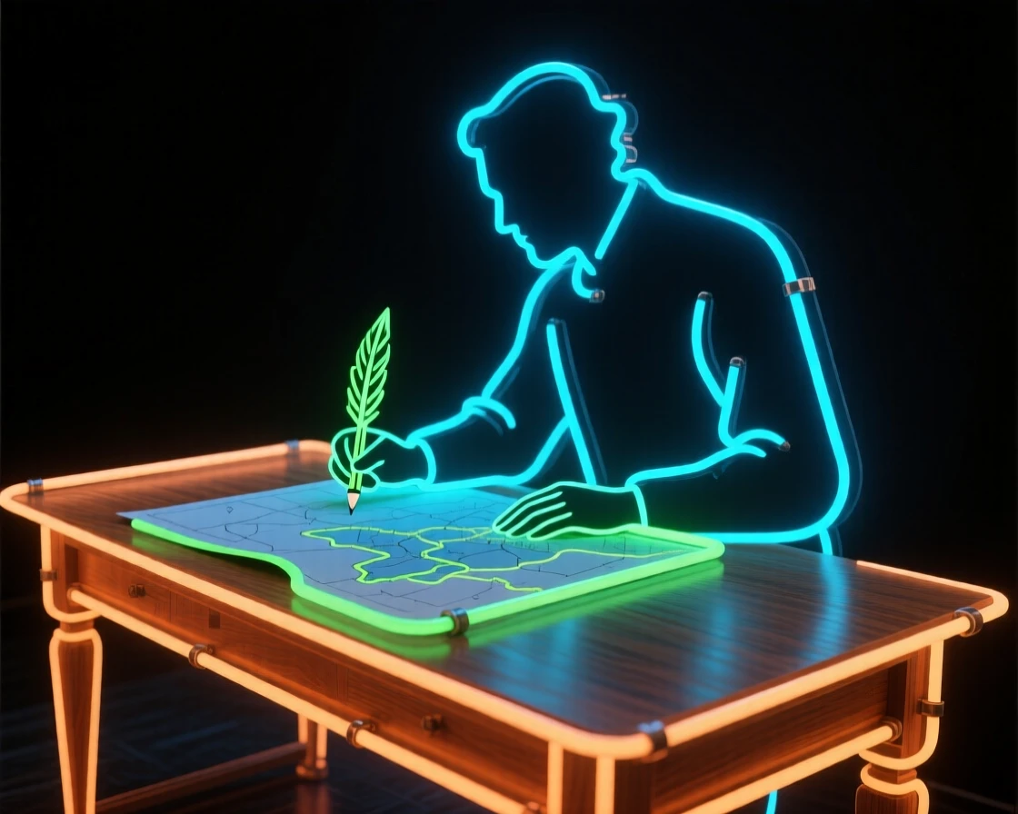 A cartographer sketching a map at a large wooden desk.
