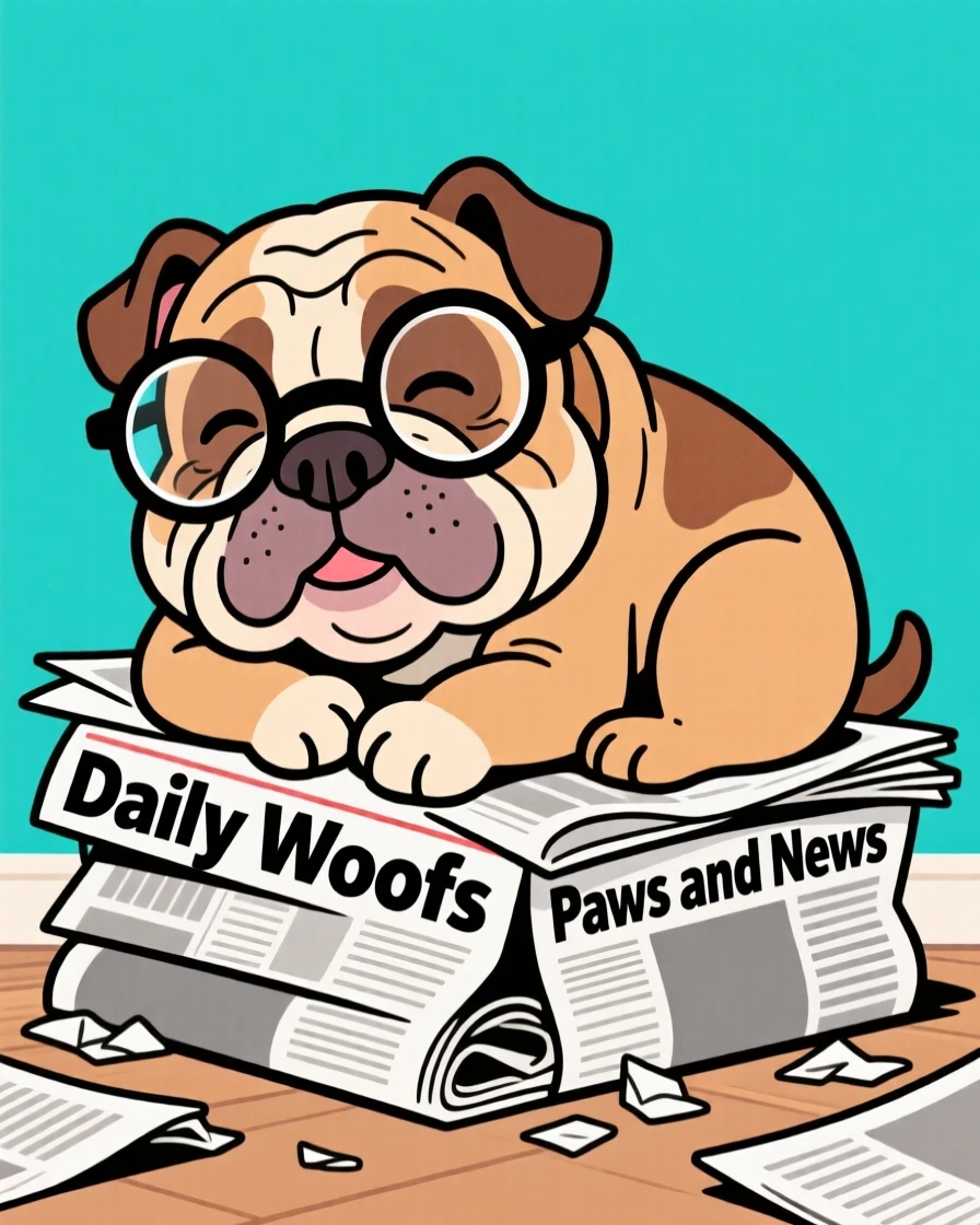 A playful pet moment featuring an elderly bulldog wearing reading glasses, curled up on a stack of newspapers.