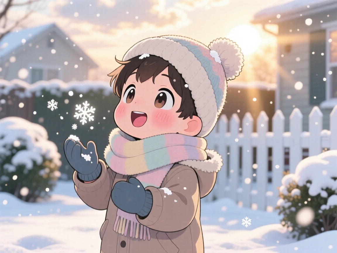 A little boy catching snowflakes on his tongue in a snowy front yard during a cozy winter snowfall; rays of sunrise breaking through clouds washes over the scene as warm affection fills the moment. Close-up portrait.