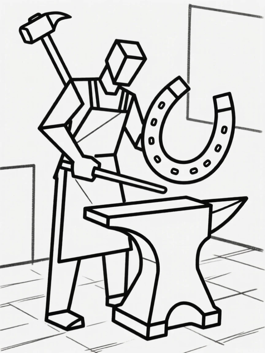 A blacksmith shaping a horseshoe over an anvil