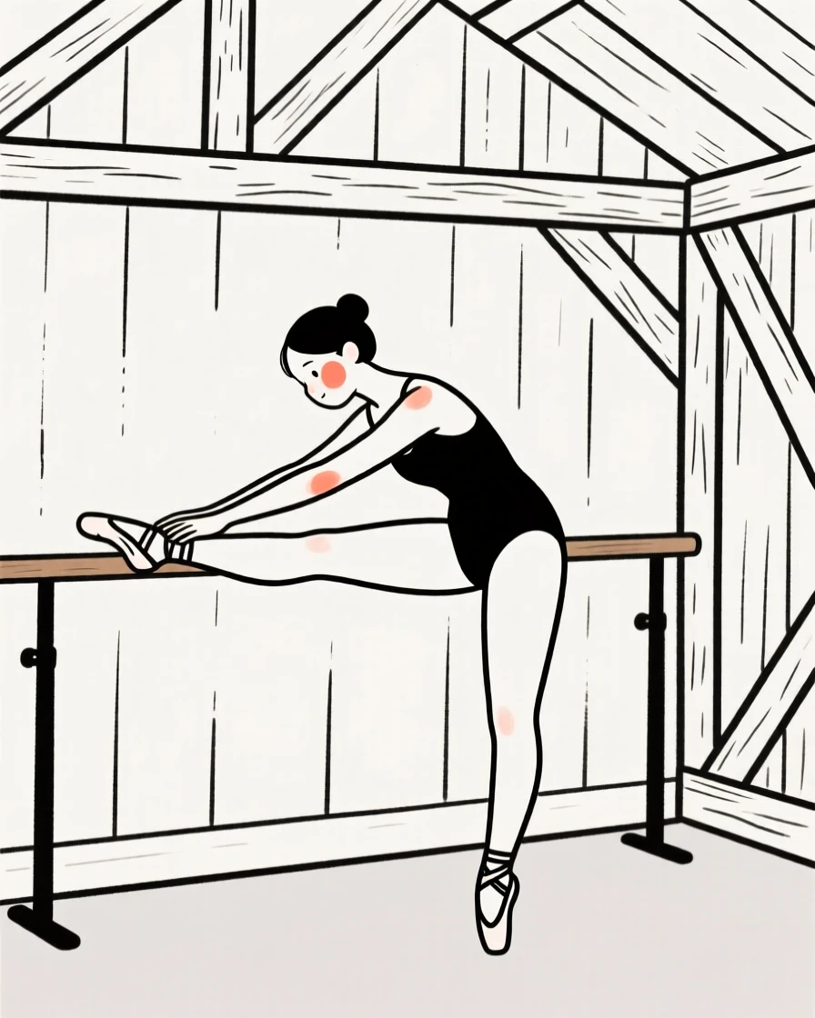 A ballet dancer stretching backstage in a rustic barn.
