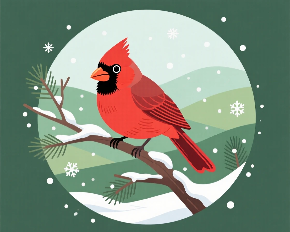 A cardinal bird perched on a snow-dusted branch, set against a backdrop of rolling green hills, placed within a circular vignette of natural framing, with a sense of playful curiosity captured perfectly.