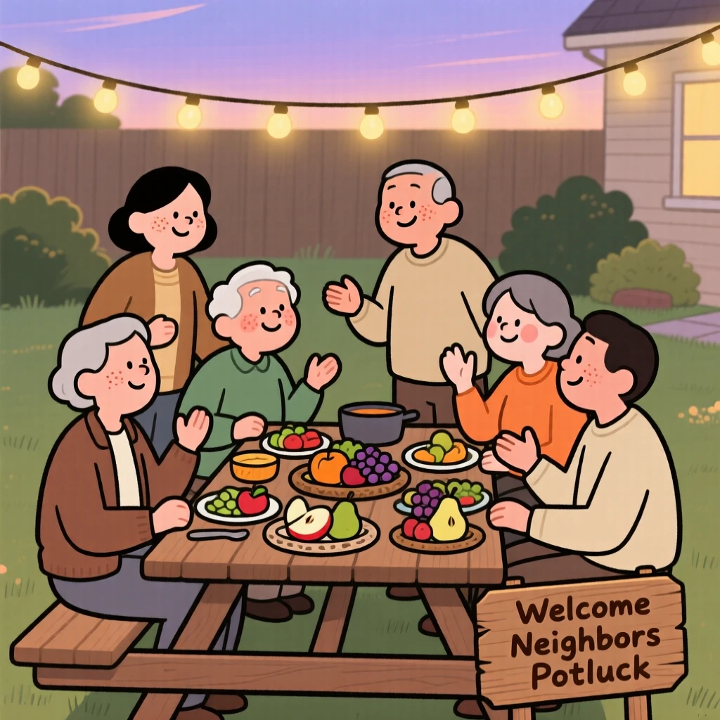 Neighbors gather for a potluck dinner in the backyard, sharing platters of fruit and conversation as laughter fills the warm evening air.