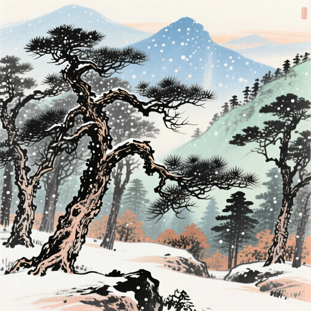 A grove of ancient gnarled pines on a mountainside, beneath softly falling snow, in the soft light of late afternoon.