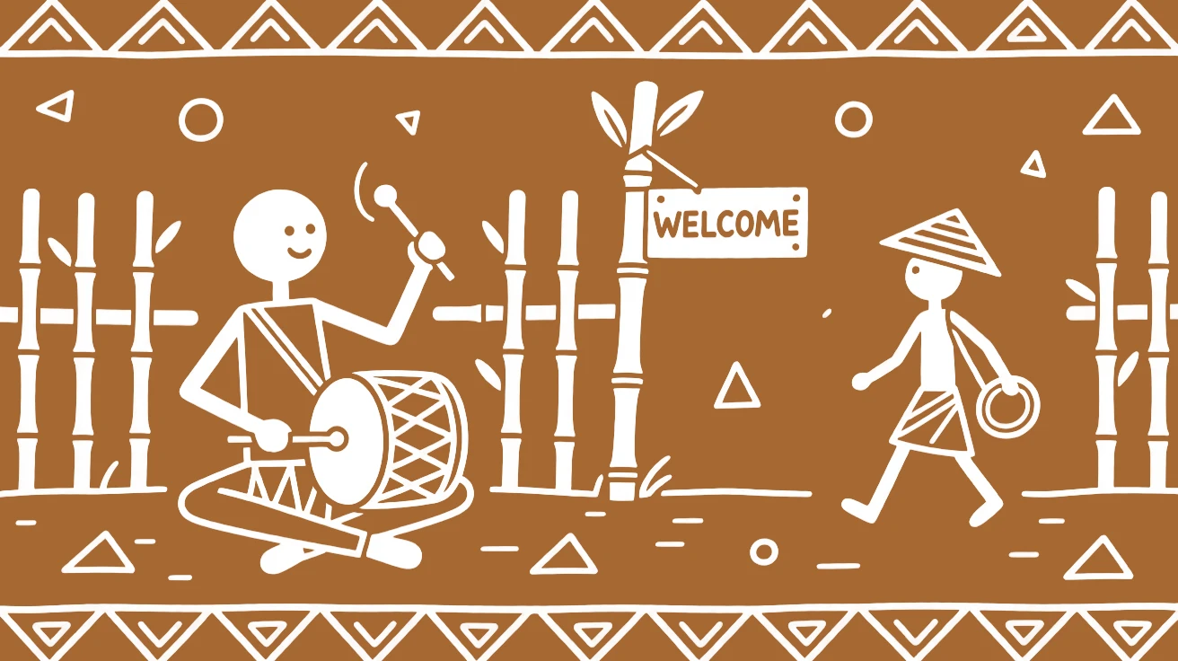 A village drummer greeting a traveler arriving from afar in a bamboo grove at the village boundary.