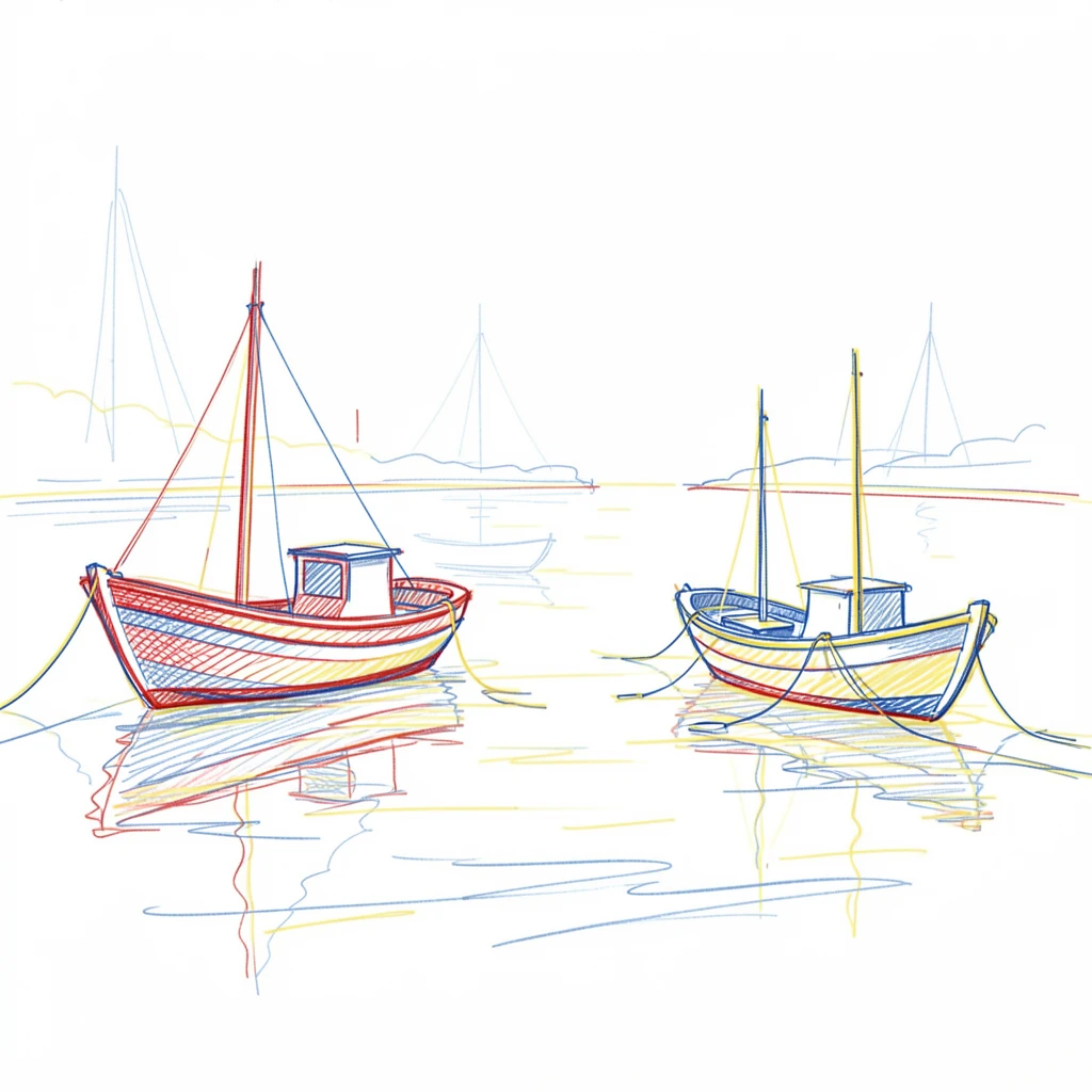A calm harbor at dawn with small fishing boats resting on still water