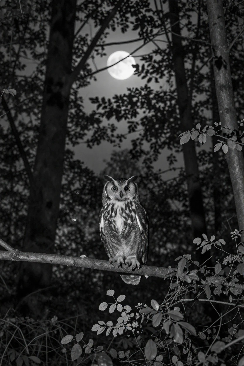 An owl perches silently on a moonlit branch within a dense forest at night.