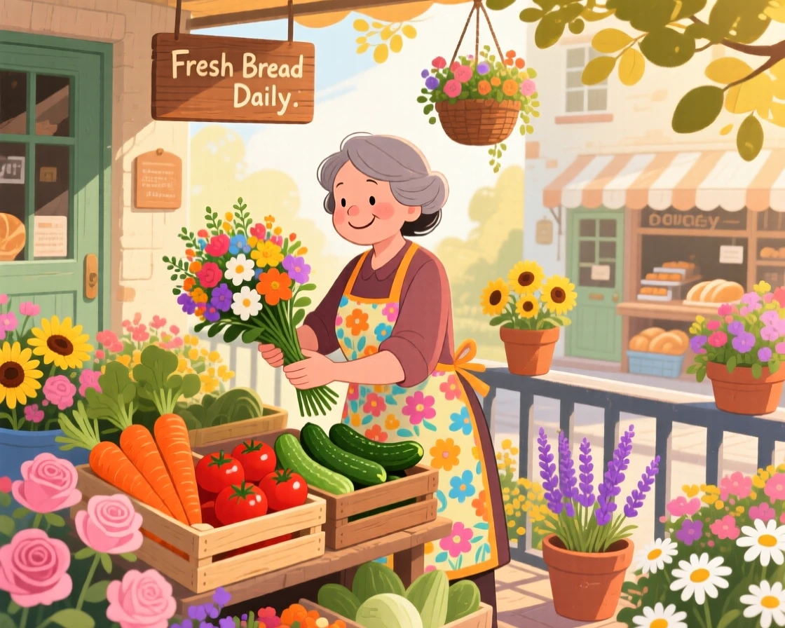 A florist arranging a bouquet pauses while stacking fresh vegetables at a market stall in a flower-filled balcony, with the smell of fresh bread drifting through the air.