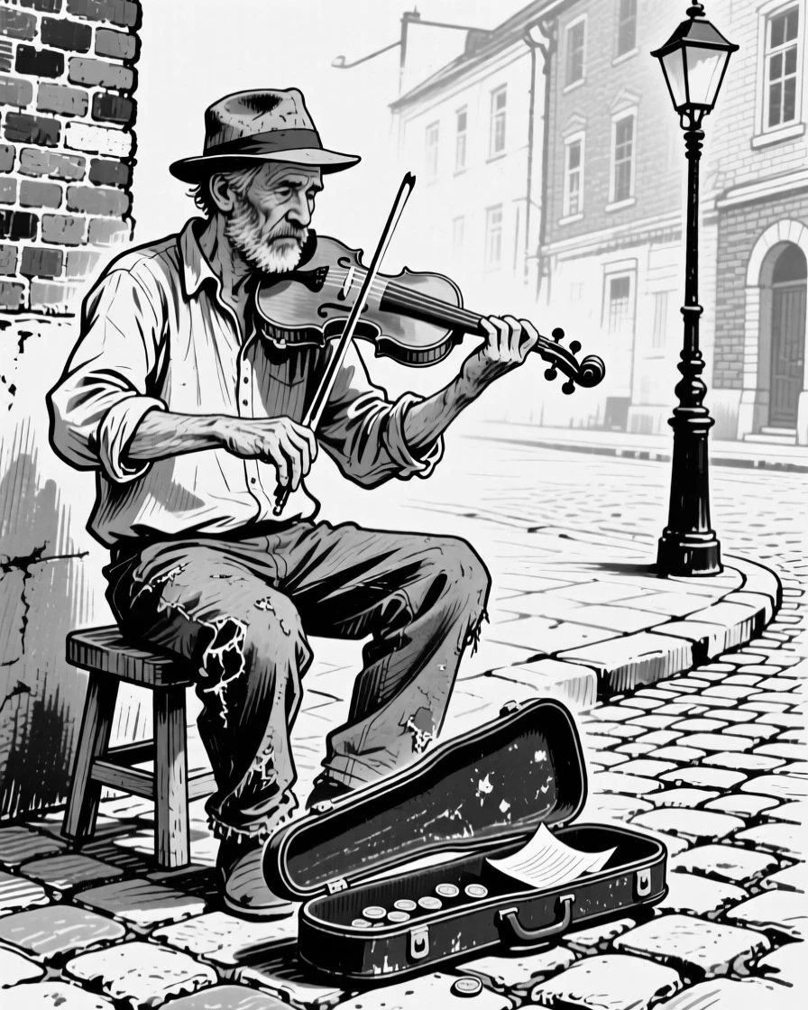 A street musician playing violin on a cobblestone corner, an open case at his feet.