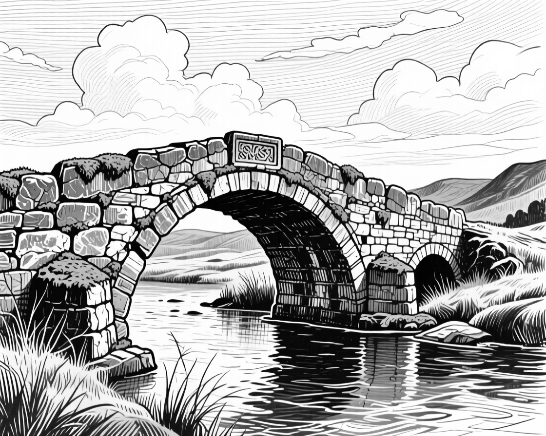 A weathered stone bridge beneath a sky filled with drifting clouds, with reflections shimmering on the water's surface, evoking a wild and untamed atmosphere in a wide, balanced composition.
