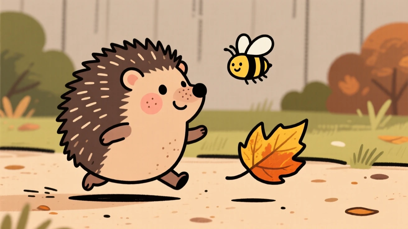 A round hedgehog chasing a fallen leaf in a quiet backyard, pausing to look up with curious, gentle eyes as a bee hums nearby.