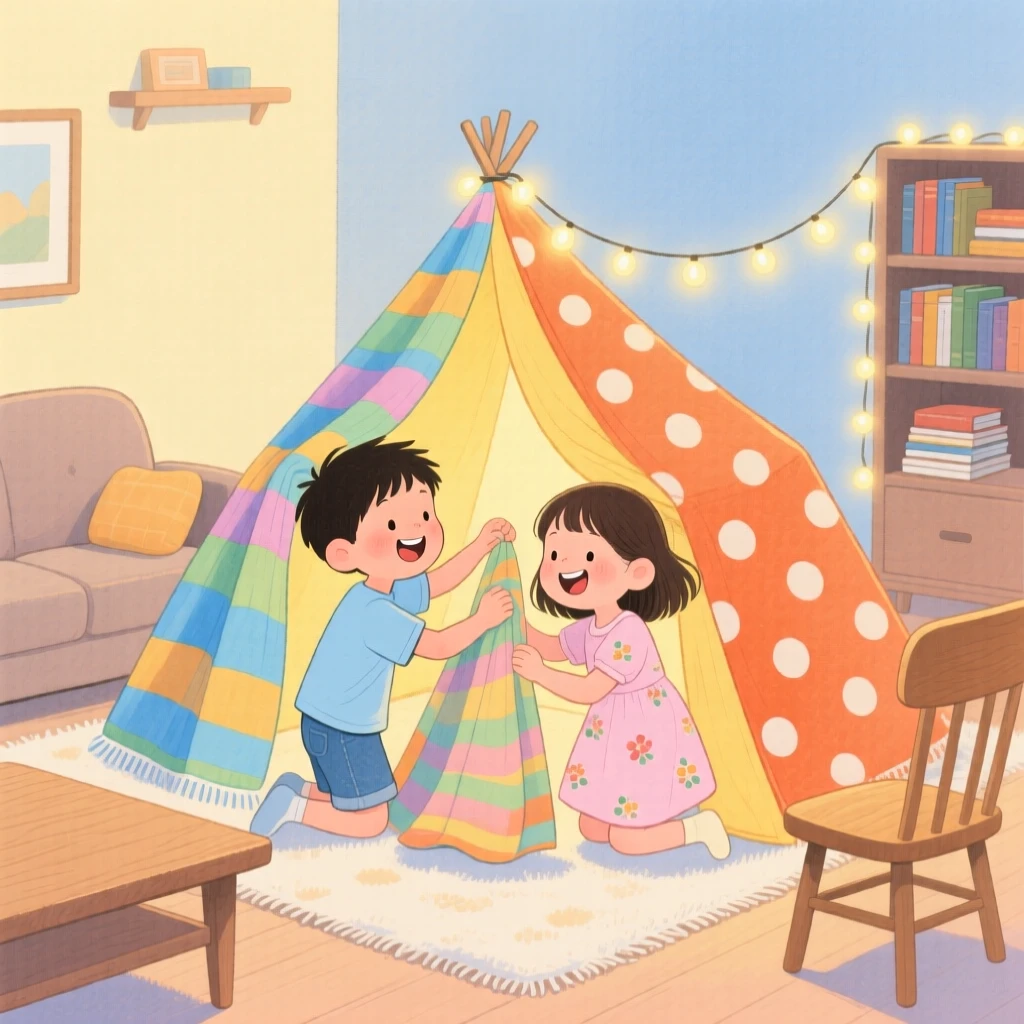 Siblings building a blanket fort in the living room, full of warmth and laughter.