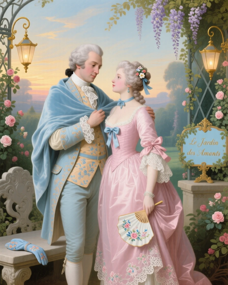A gentleman placing his cloak around a lady’s shoulders on a cool garden evening  
