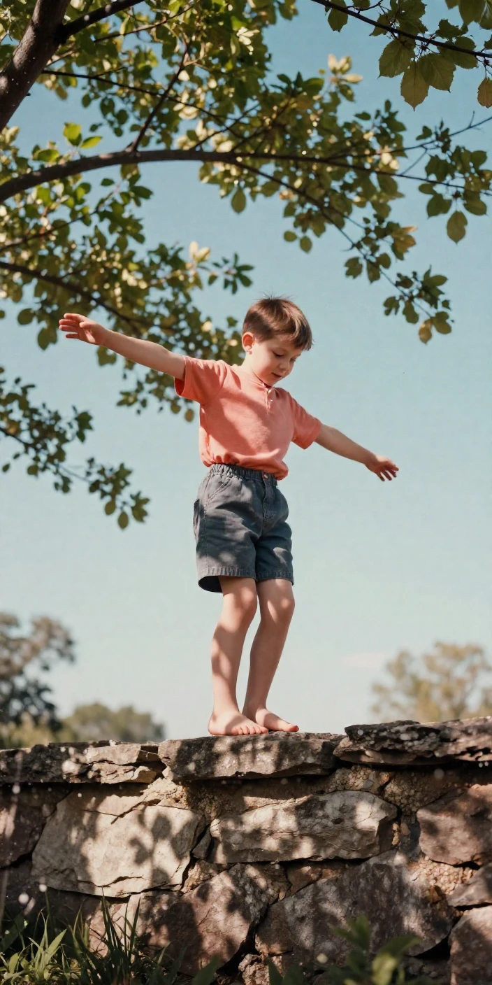 A barefoot boy balancing on a low stone wall, arms outstretched, in dappled light filtering through leaves, on a clear, cloudless day, in early spring, in vivid coral and turquoise hues, through a rain-streaked window.