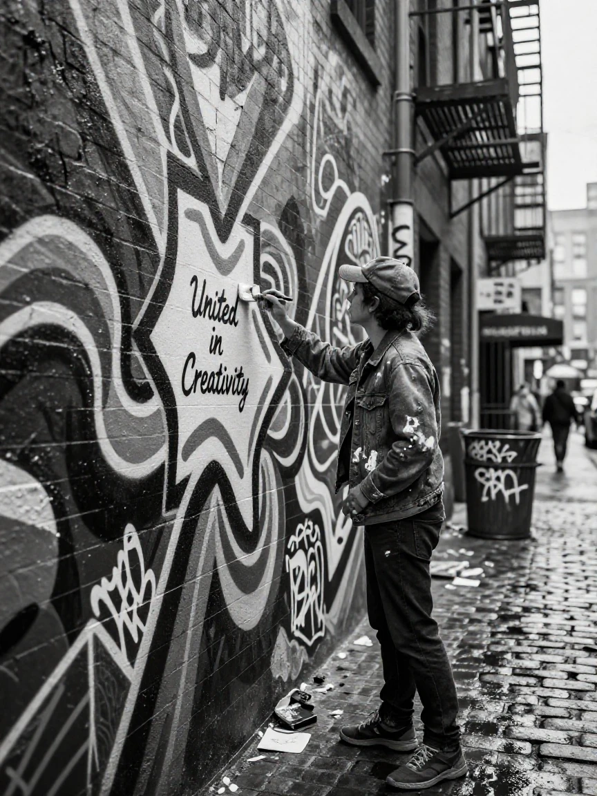 A street artist paints a mural on a brick wall along a busy urban alley.