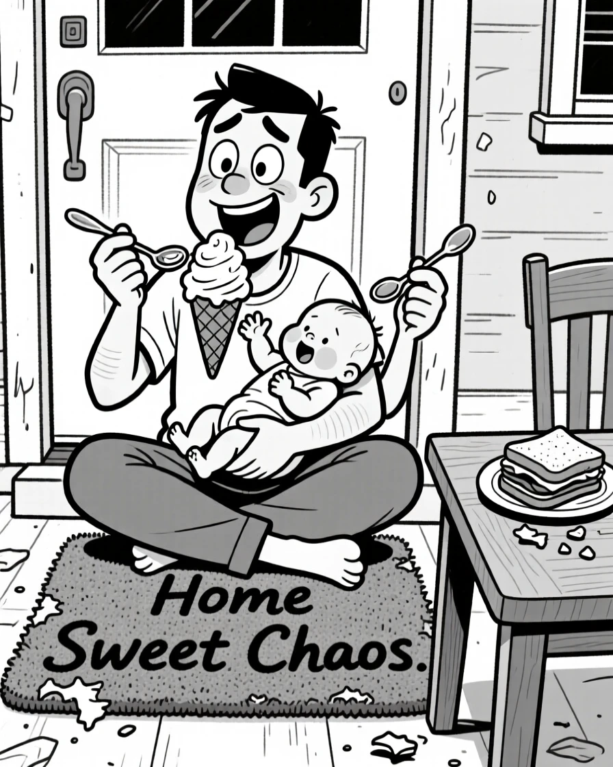 A tired but happy new dad cradling his newborn, sharing one giant scoop of ice cream with two spoons, set on a worn front-door welcome mat. A half-eaten sandwich sits forgotten on the table. The image captures the joyful mess of home life.