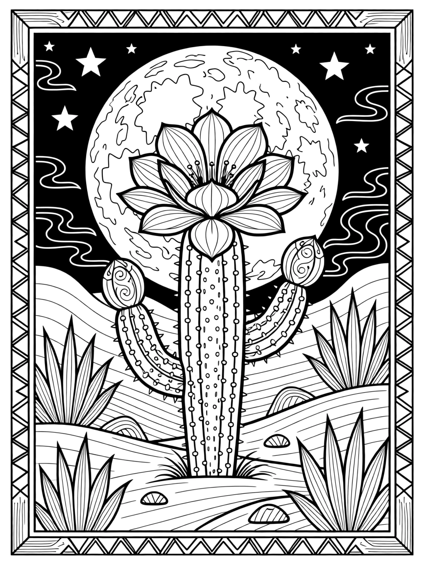 A single blooming cactus flower opening at night under a full moon.