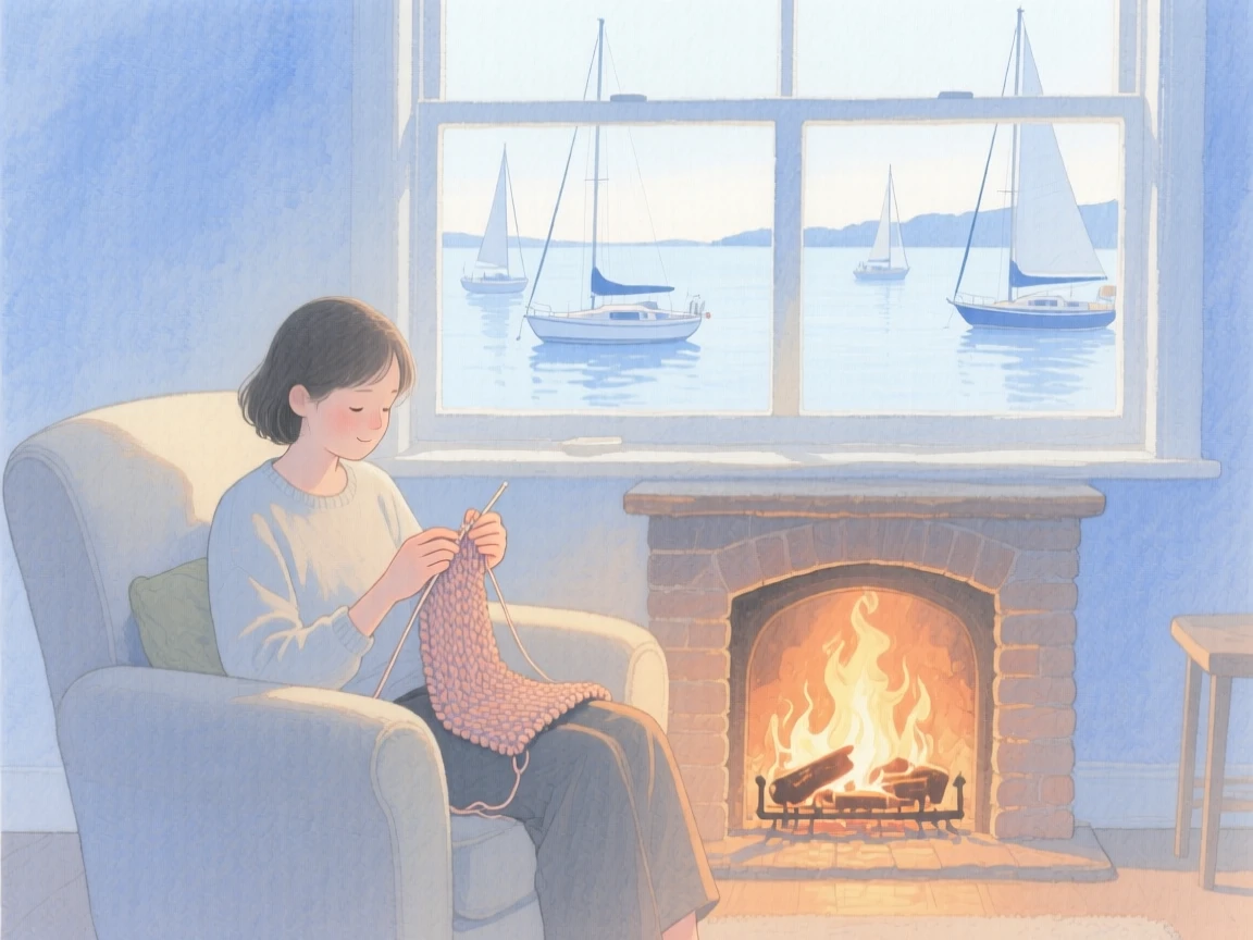 A peaceful scene of someone knitting beside a fireplace beside a tranquil harbor, fully absorbed in a quiet, joyful moment
