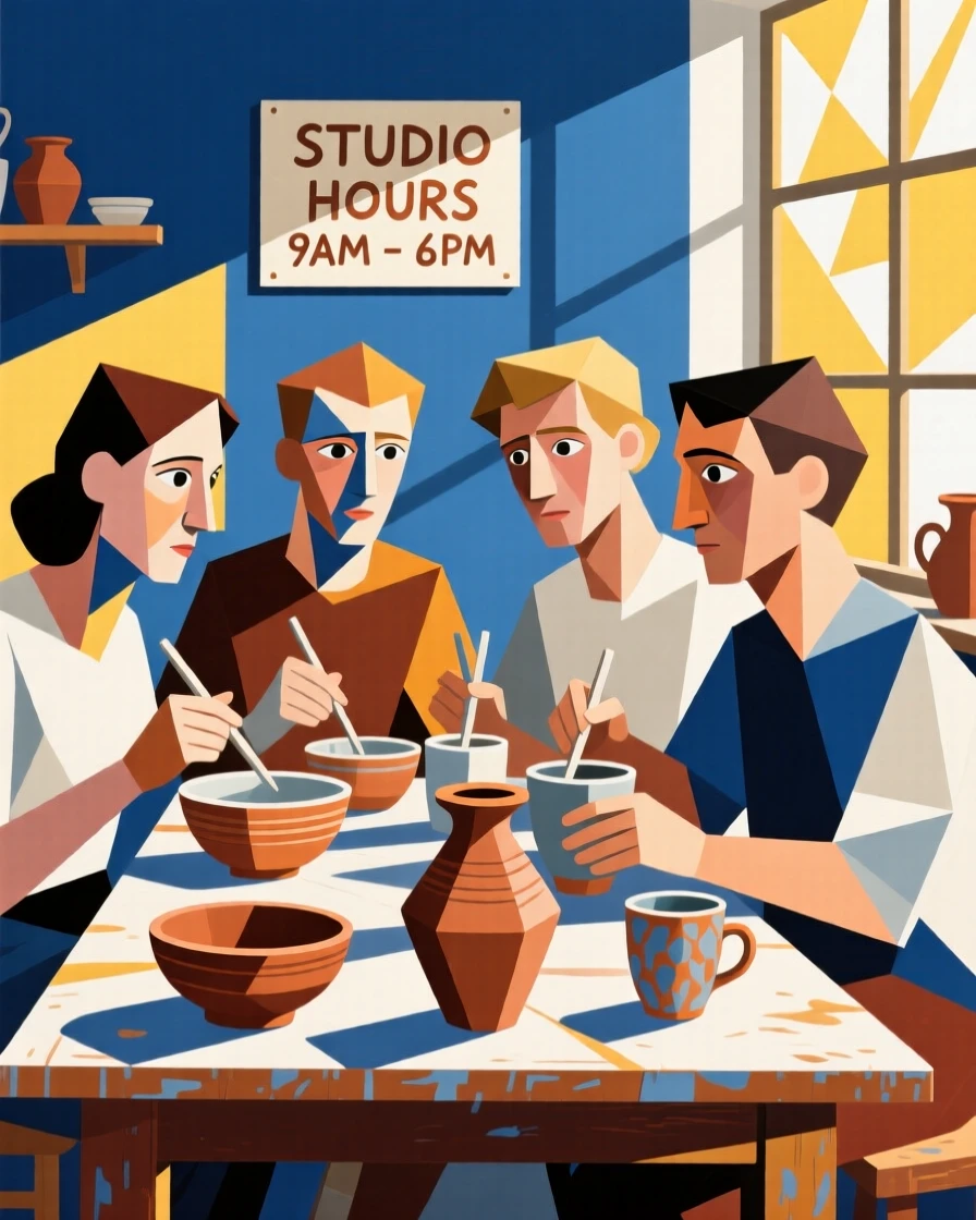 A group of friends glazing pottery together at a sunlit studio table.