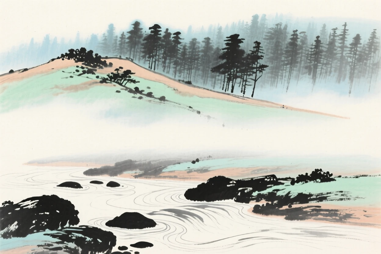 A mist-covered ridge line at the edge of a vast forest, where the current carves gentle ripples around smooth stones, through a light drifting mist.