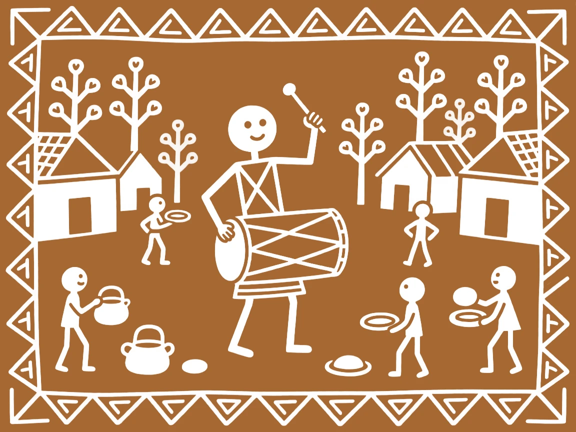 A village drummer preparing for a community feast in the village courtyard.