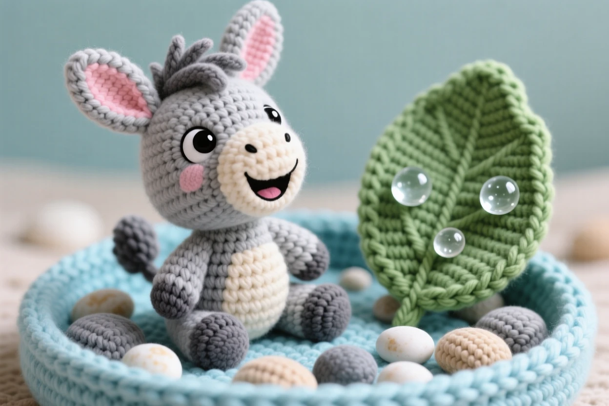 a small baby donkey with long soft ears and a fuzzy mane is shown braying cheerfully with head tossed back within a tide pool filled with smooth pebbles, accompanied by a cluster of dewdrops on a nearby leaf, capturing wide-eyed wonder at the world around it.