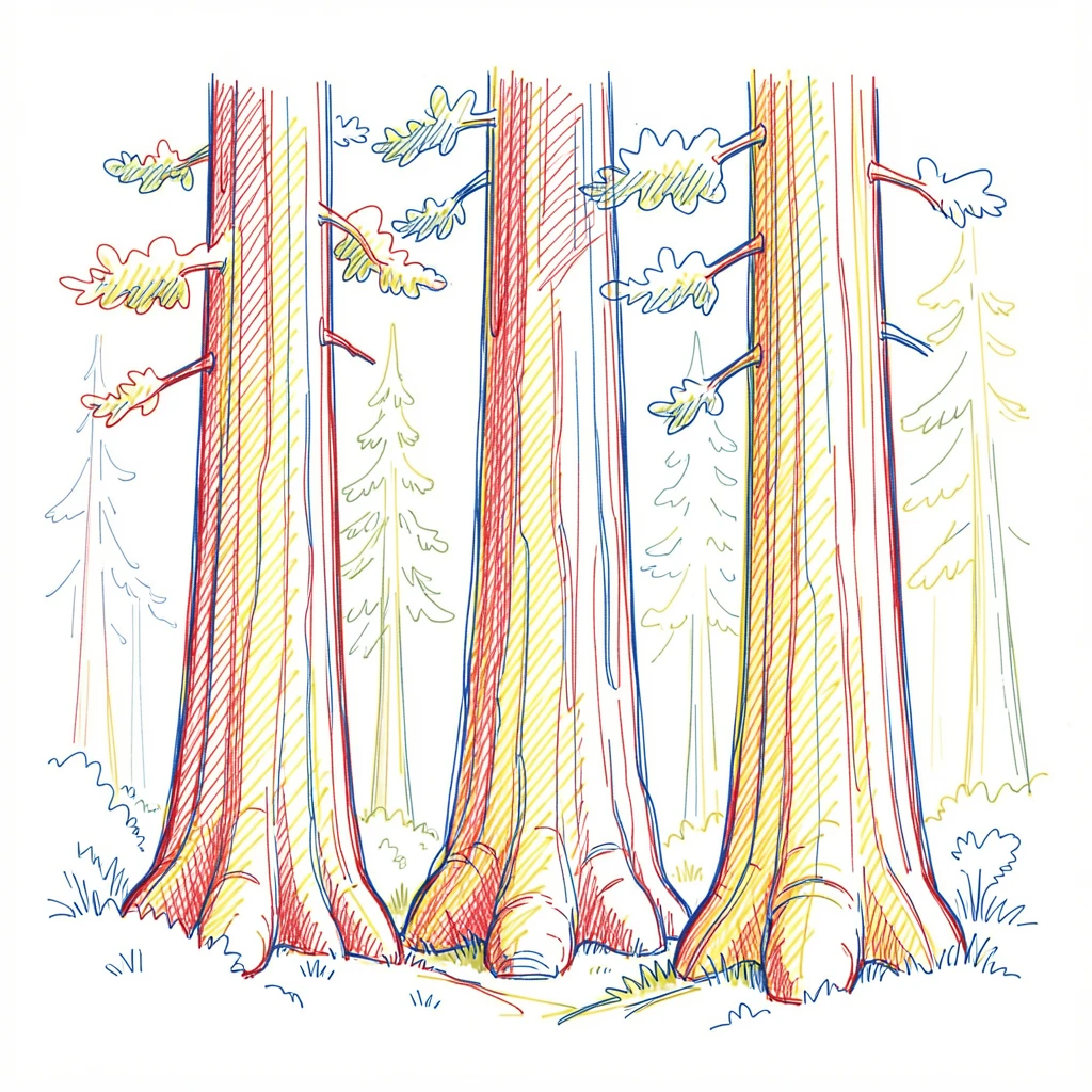 A dense forest of ancient sequoias, their massive trunks dwarfing everything around