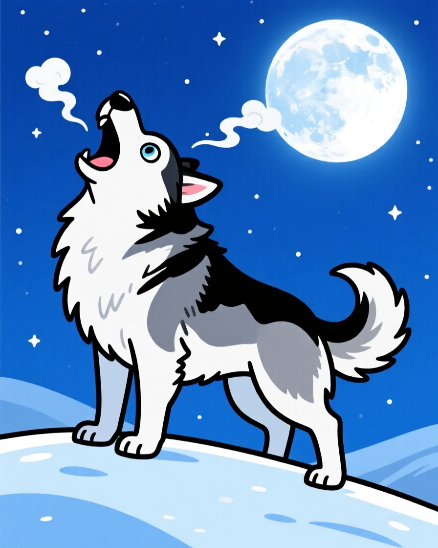A playful pet moment featuring a majestic husky howling at the moon on a snowy hill, breath visible in the cold air.